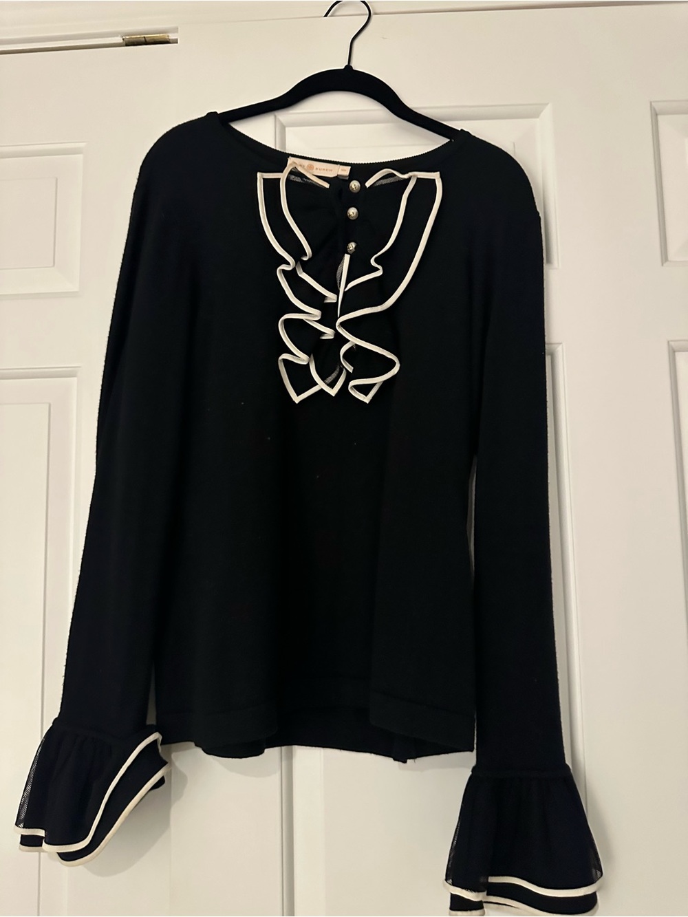 Tory Burch Black Ruffle-Trim Long Sleeve Top